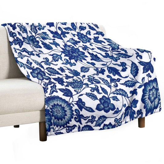 Vintage Blue Floral Pattern  Chinese Ornament By Owen Jones ,Antique,Retro,flower,botanical,aesthetic,classic,china, Throw Blanket