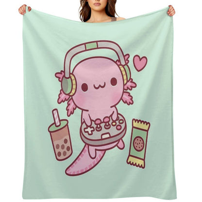 Cute Axolotl Loves Playing Video Games Funny Throw Blanket