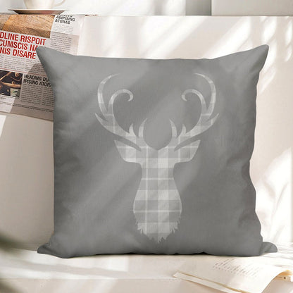 Grey Tartan Stag Head Linen Throw Pillow Cover