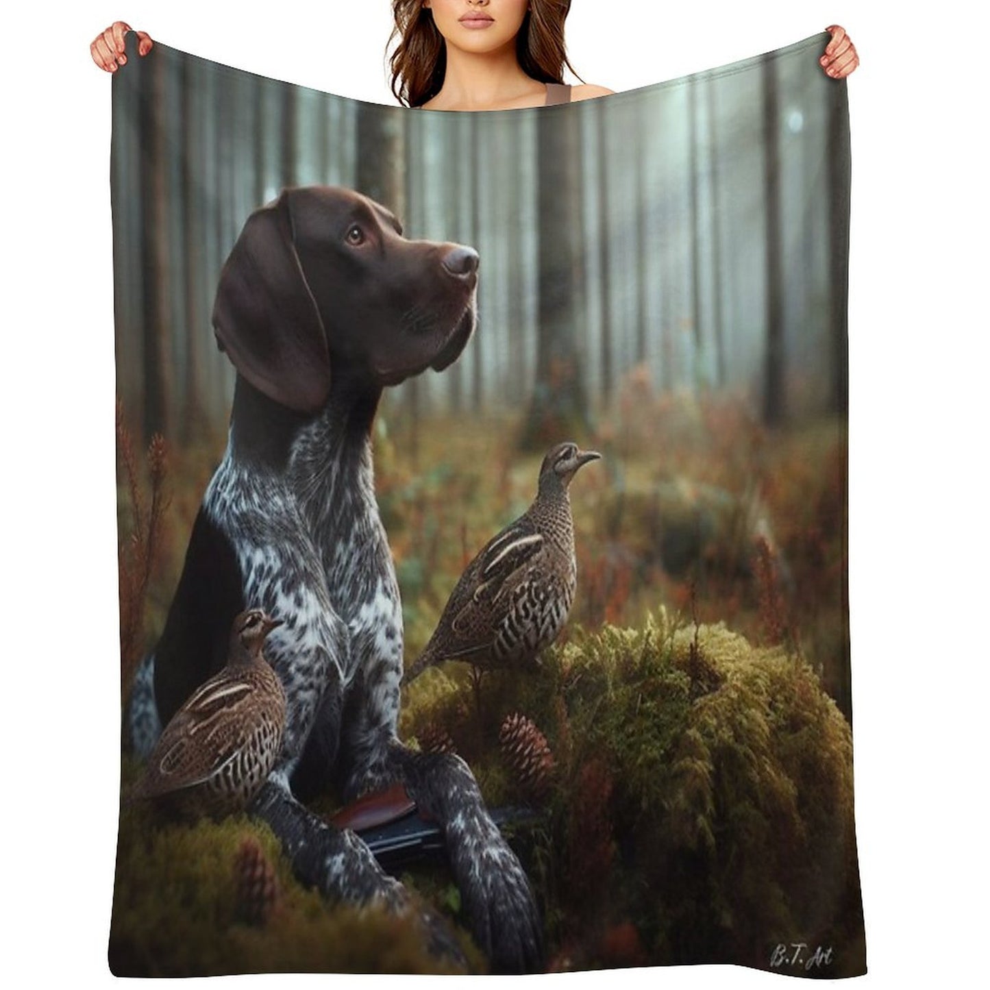 German Shorthaired Pointer Hunting ,  Forest Throw Blanket