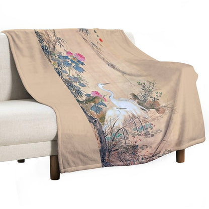 Egrets, Peonies, And Willows (Restored Japanese Artwork) Throw Blanket