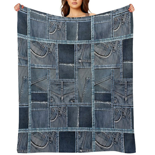 Blue Jeans Denim Patchwork Throw Blanket