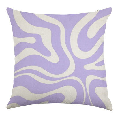 Retro Modern Liquid Swirl Abstract Pattern Square in Light Purple And White Linen Throw Pillow Cover
