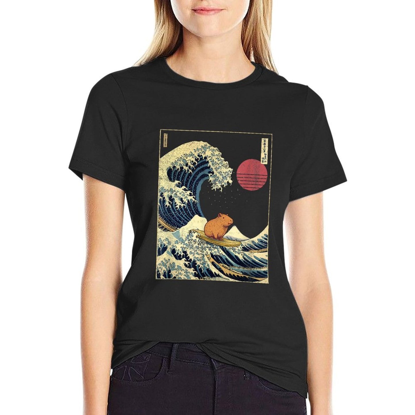 Capybara Japanese Kanagawa Wave Funny Surf Animal  Odor-resistant T-Shirt