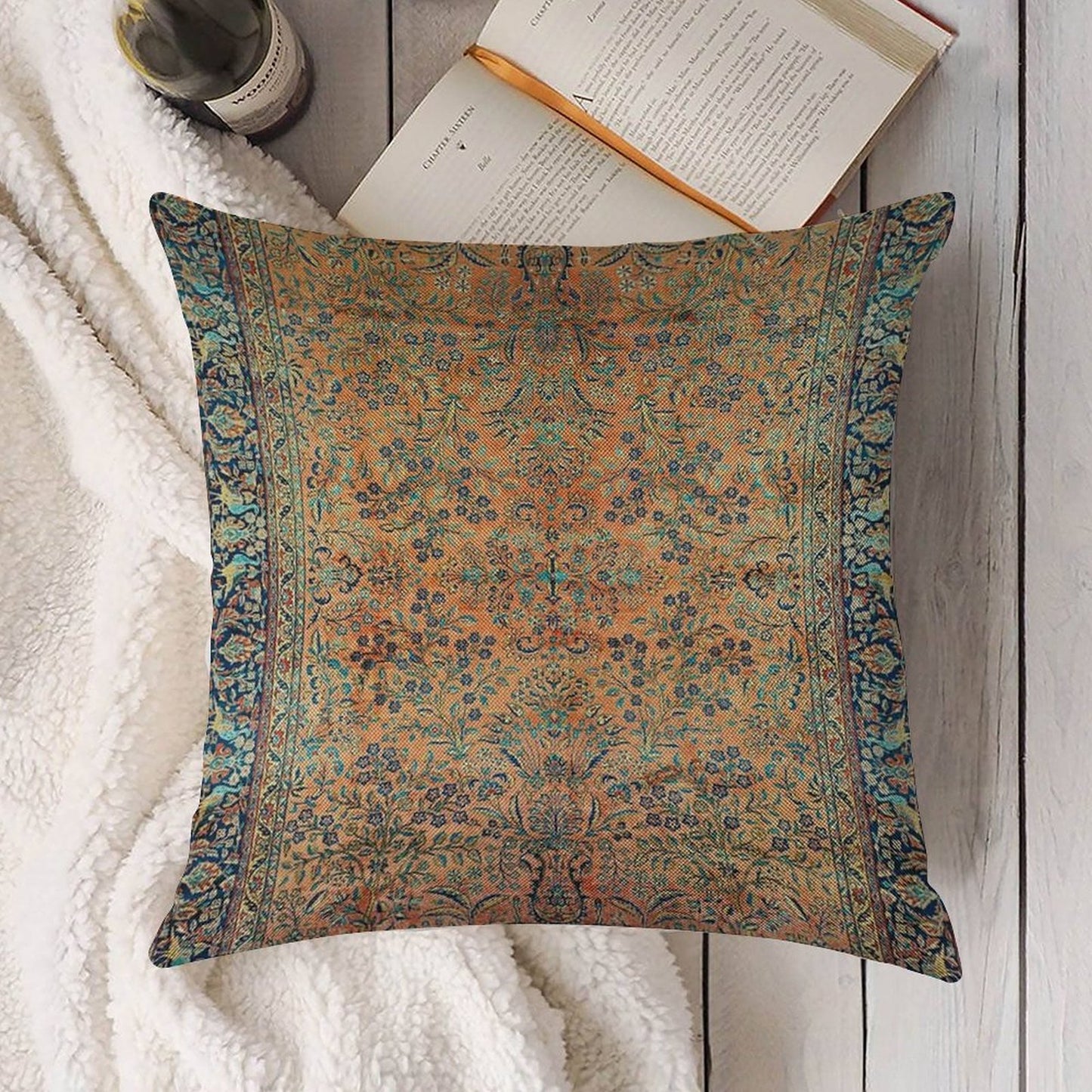 Manchester Kashan Floral Persian Carpet Print Linen Throw Pillow Cover