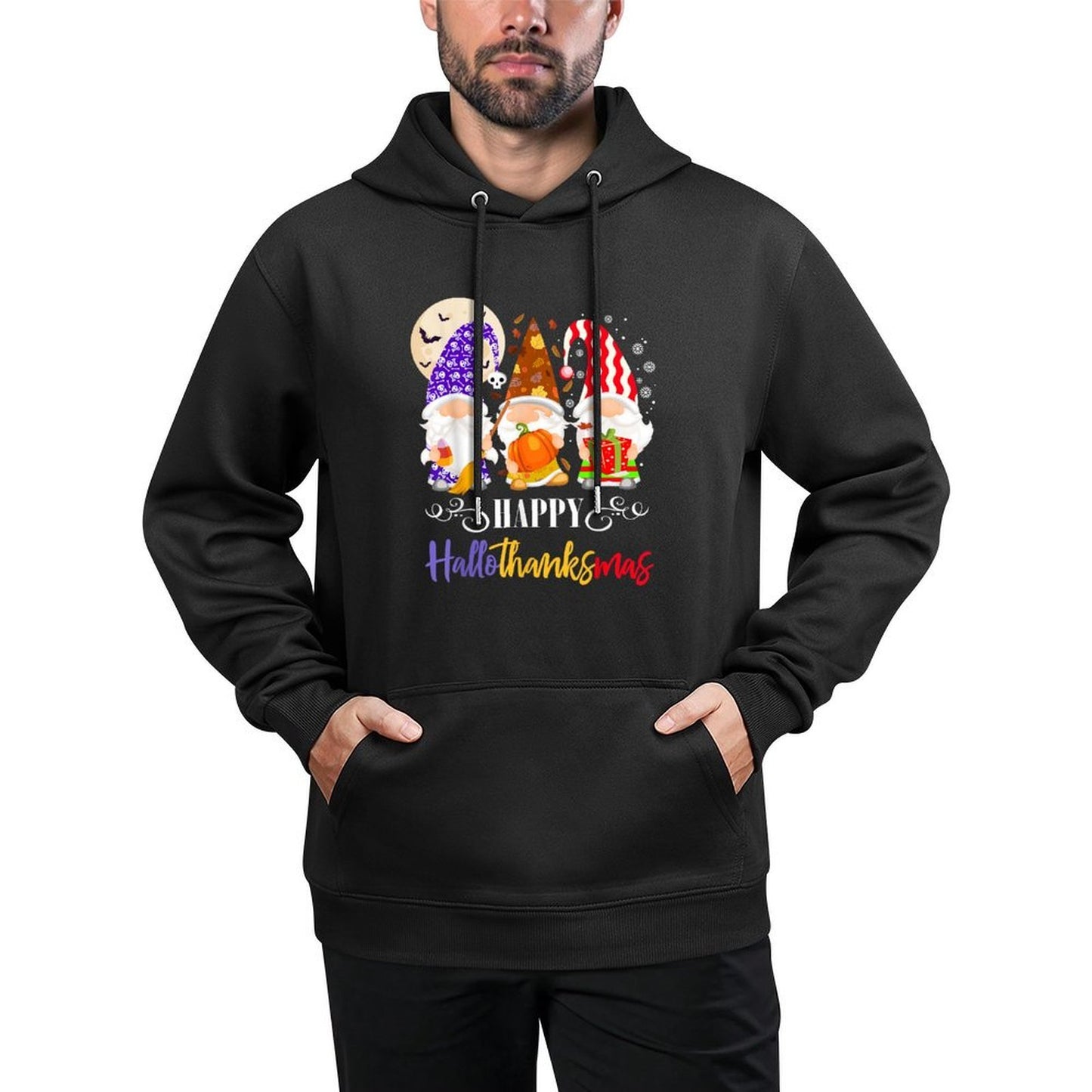 Halloween Thanksgiving Christmas Gnome Happy HallothanksMas Shrink-Resistant Hoodie