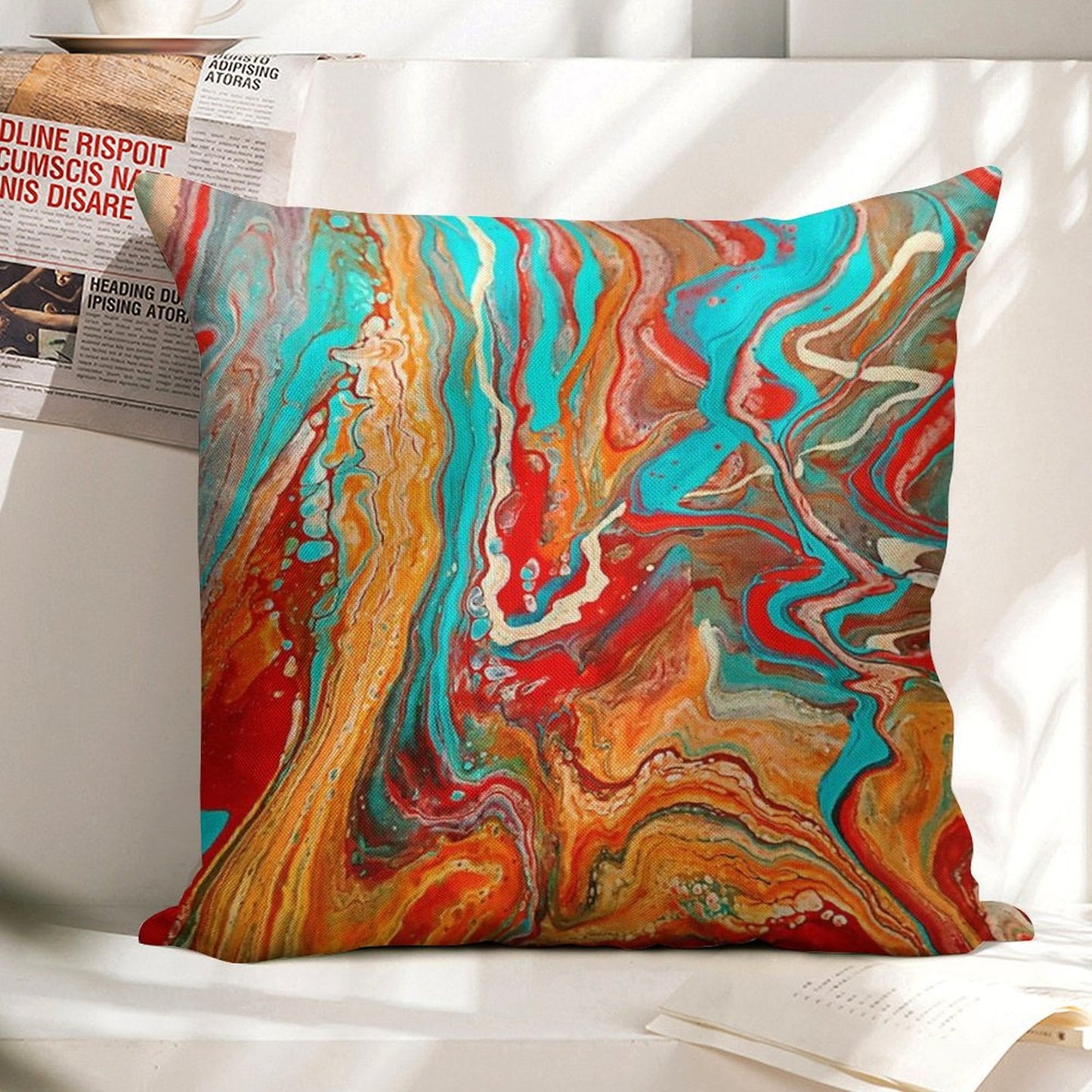 Red Orange Teal Paint Pour Linen Throw Pillow Cover