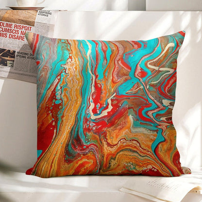 Red Orange Teal Paint Pour Linen Throw Pillow Cover
