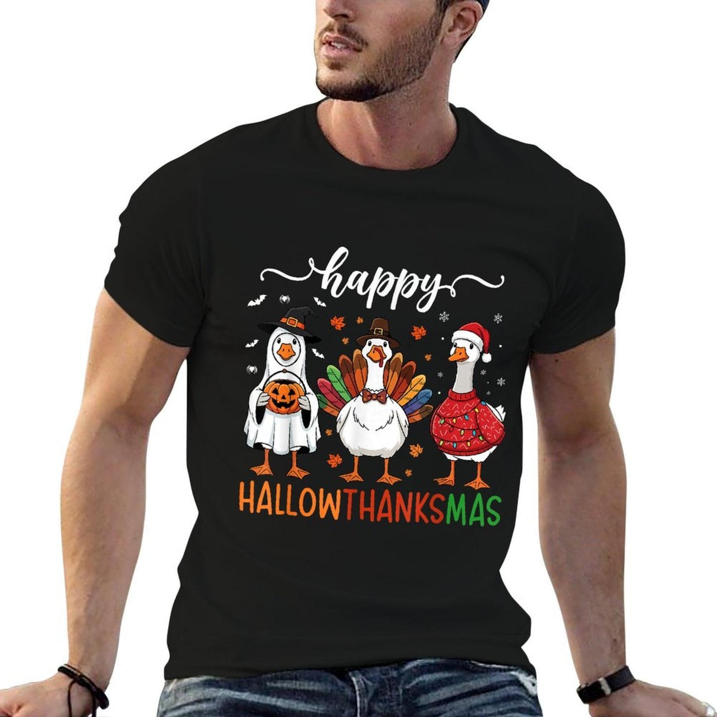 Happy Hallothanksmas Goose Halloween Thanksgiving Christmas  Lightweight T-Shirt