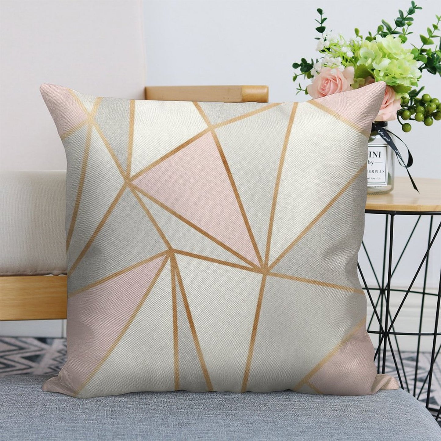 Pink, Grey & Gold Geo Linen Throw Pillow Cover
