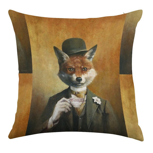 Teatime Mr Fox Linen Throw Pillow Cover