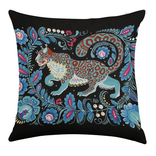 Snow Leopard Folk Art Linen Throw Pillow Cover