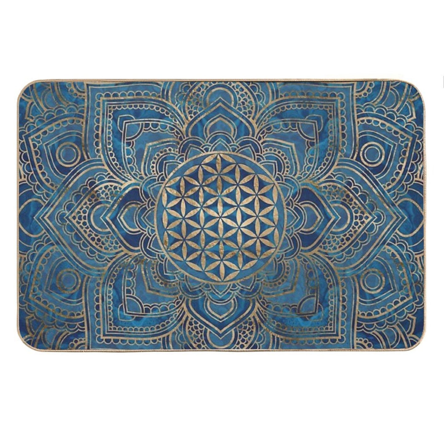 Flower of Life in Lotus Mandala - Blue Marble And Gold Bath Mat