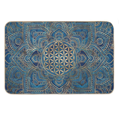 Flower of Life in Lotus Mandala - Blue Marble And Gold Bath Mat
