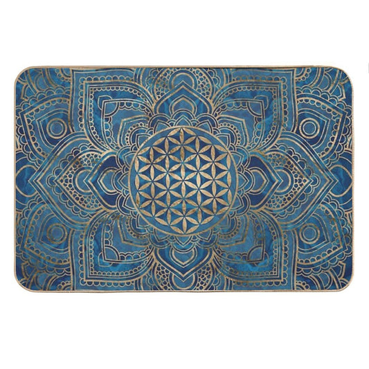 Flower of Life in Lotus Mandala - Blue Marble And Gold Bath Mat