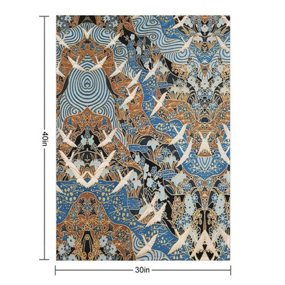 FLYING WHITE CRANES ON BLUE WATER AND SPRING FLOWERS  Antique Japanese Floral Throw Blanket