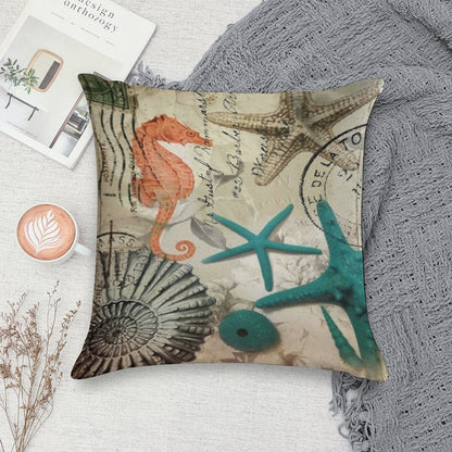 Dark Academia Coastal Seashell Teal Starfish Seahorse Ocean Beach Soft Short Plush Fabric Throw Pillow