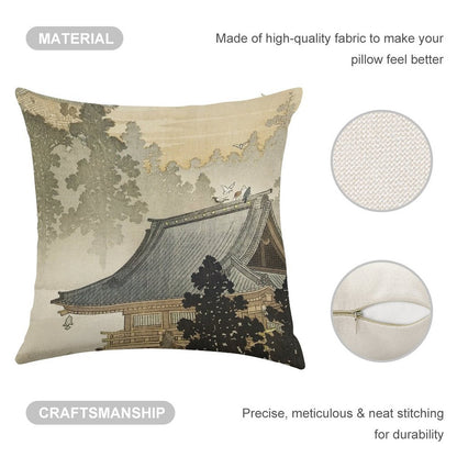 Pagoda - Japanese Art 1900s Linen Throw Pillow Cover