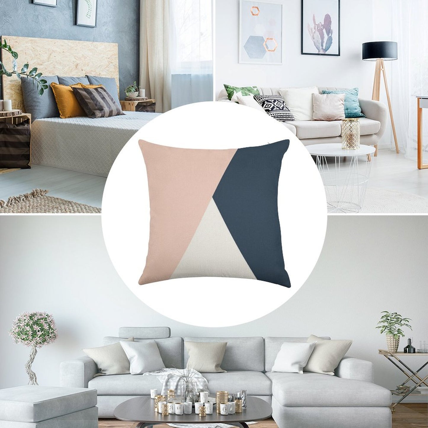 Modern Geometric Blush Pink & Navy Blue Linen Throw Pillow Cover
