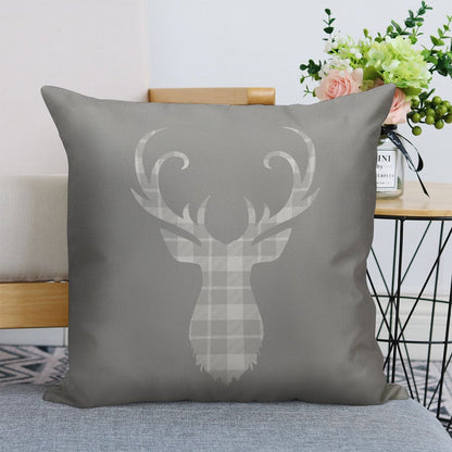 Grey Tartan Stag Head Linen Throw Pillow Cover