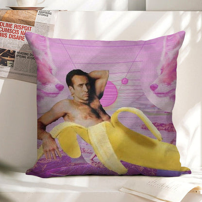 Nicholas Cage Banana Vaporwave Linen Throw Pillow Cover