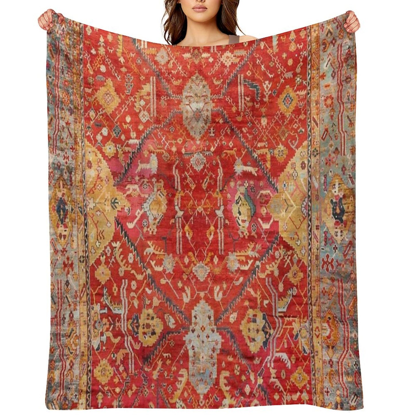 Antique Turkish Oushak Rug Print Throw Blanket