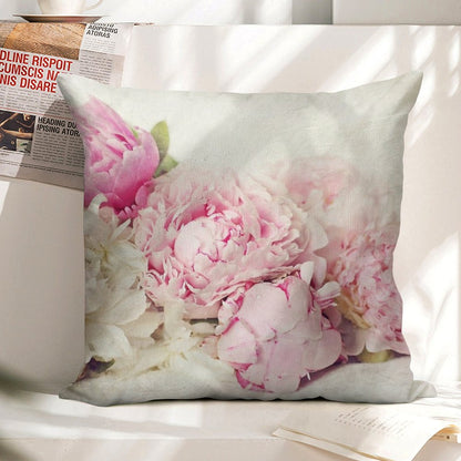 Peonies on White Linen Throw Pillow Cover