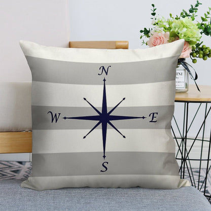 Nautical Navy Blue Compass On Silver Gray And White Stripes Linen Throw Pillow Cover
