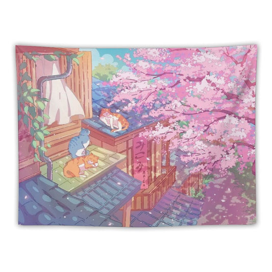 The Cute Cats, Rooftops, And Pink Cherry Blossom Tapestry