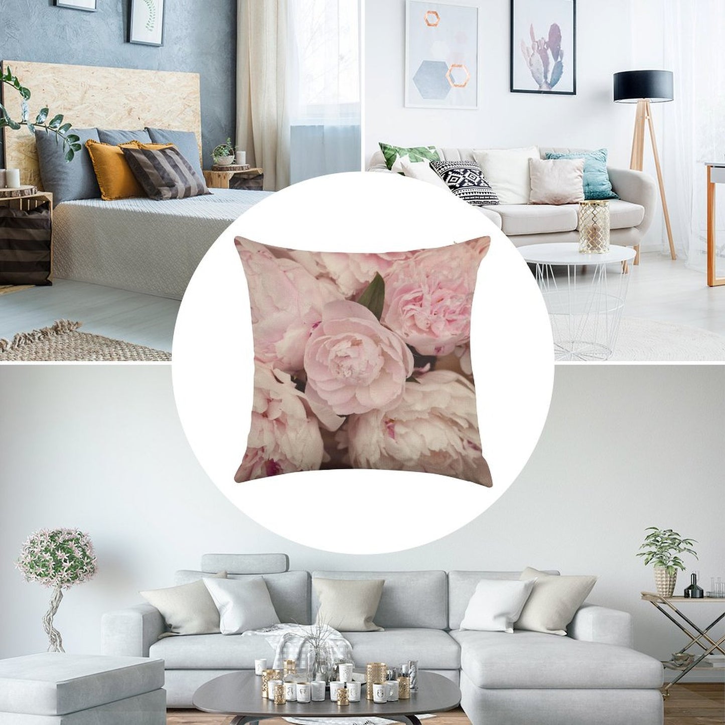 Pink Peony Flowers Linen Throw Pillow Cover