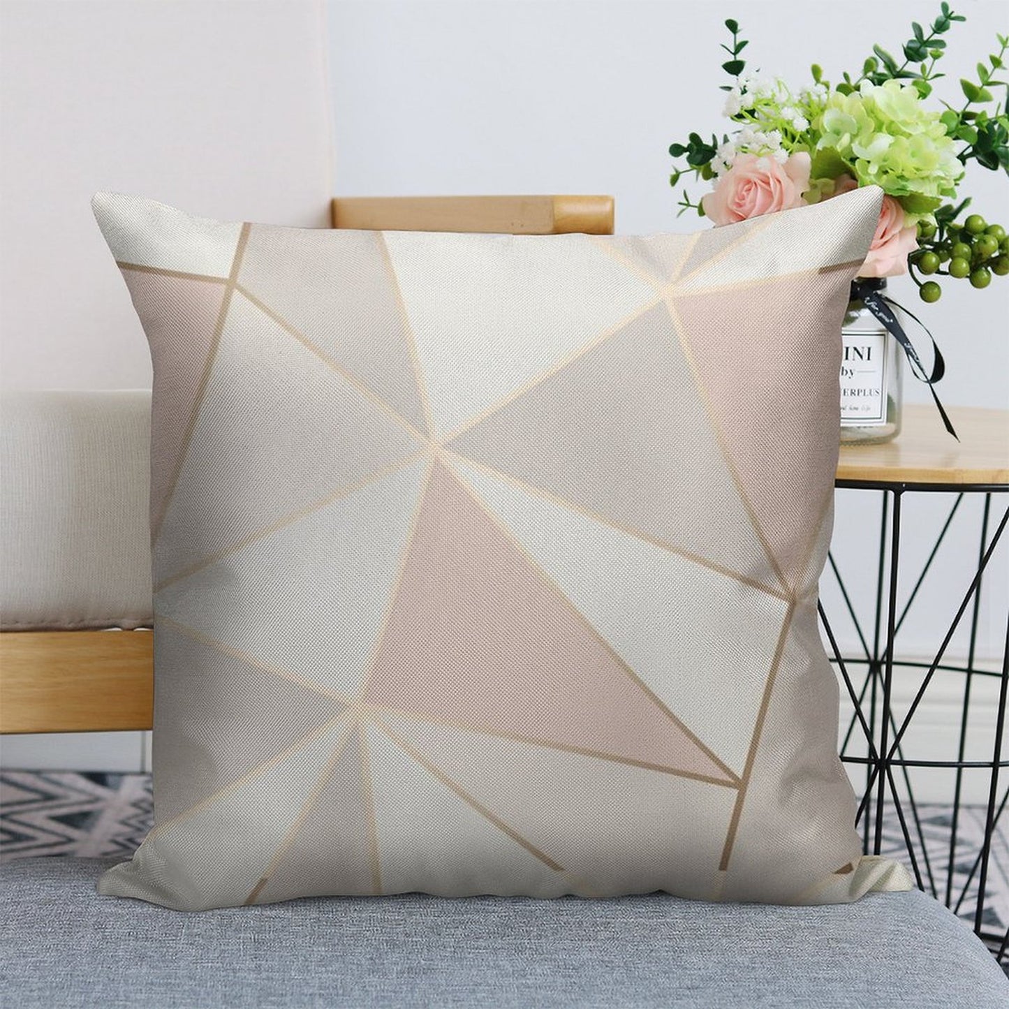 Geometric Pink & Gray Linen Throw Pillow Cover