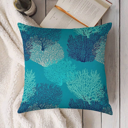 Fan Coral Print, Turquoise, Aqua And Cobalt Blue Linen Throw Pillow Cover