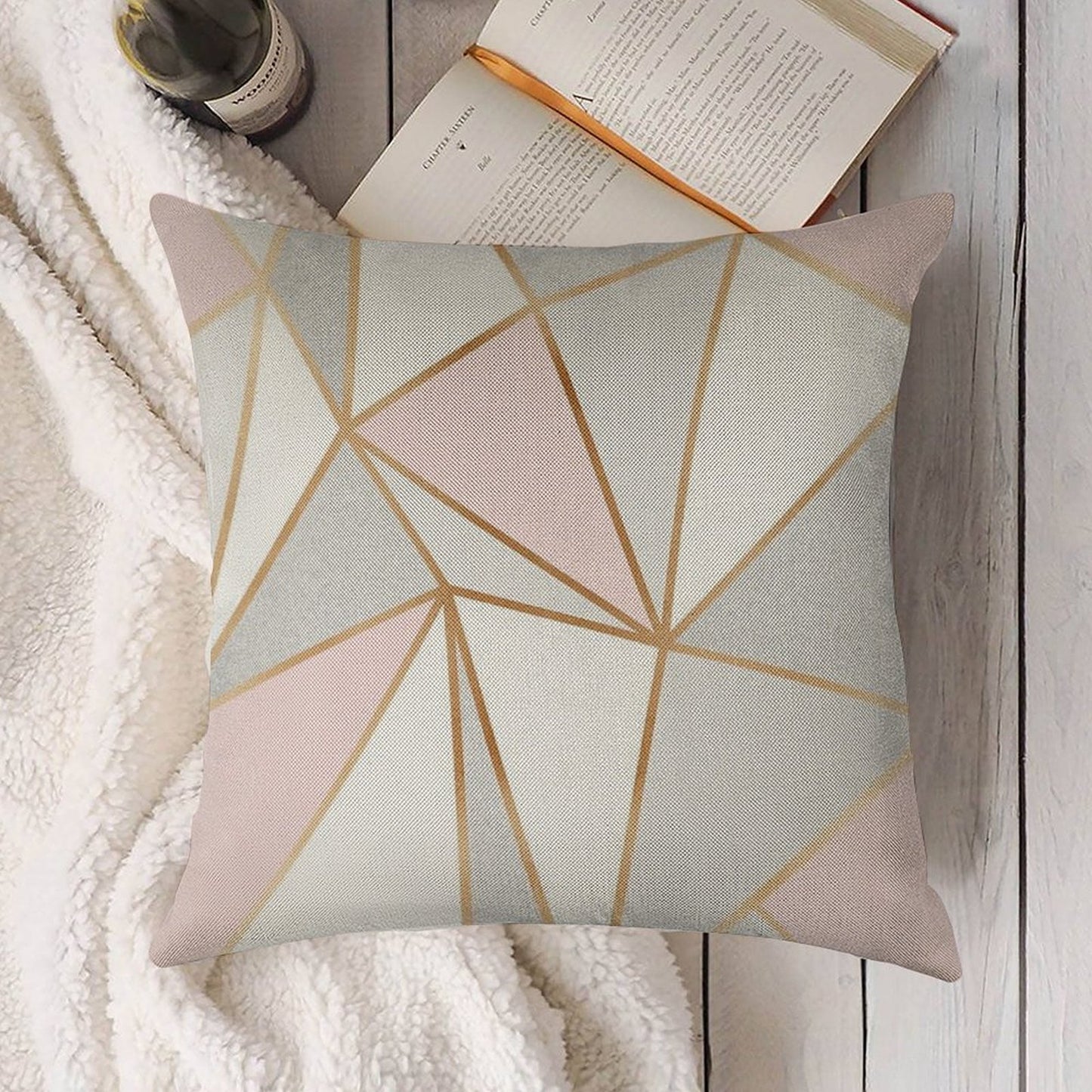 Pink, Grey & Gold Geo Linen Throw Pillow Cover