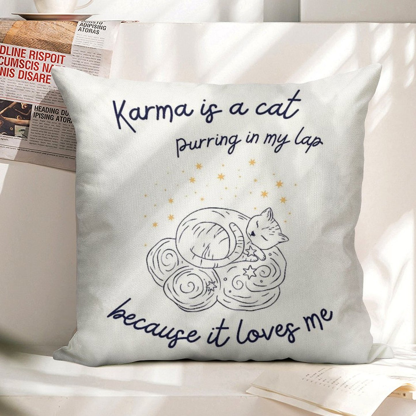 Karma Is A Cat Linen Throw Pillow Cover