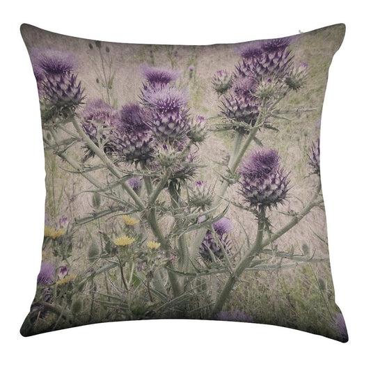 Purple Thistle Flowers with Yellow Daisies. Linen Throw Pillow Cover