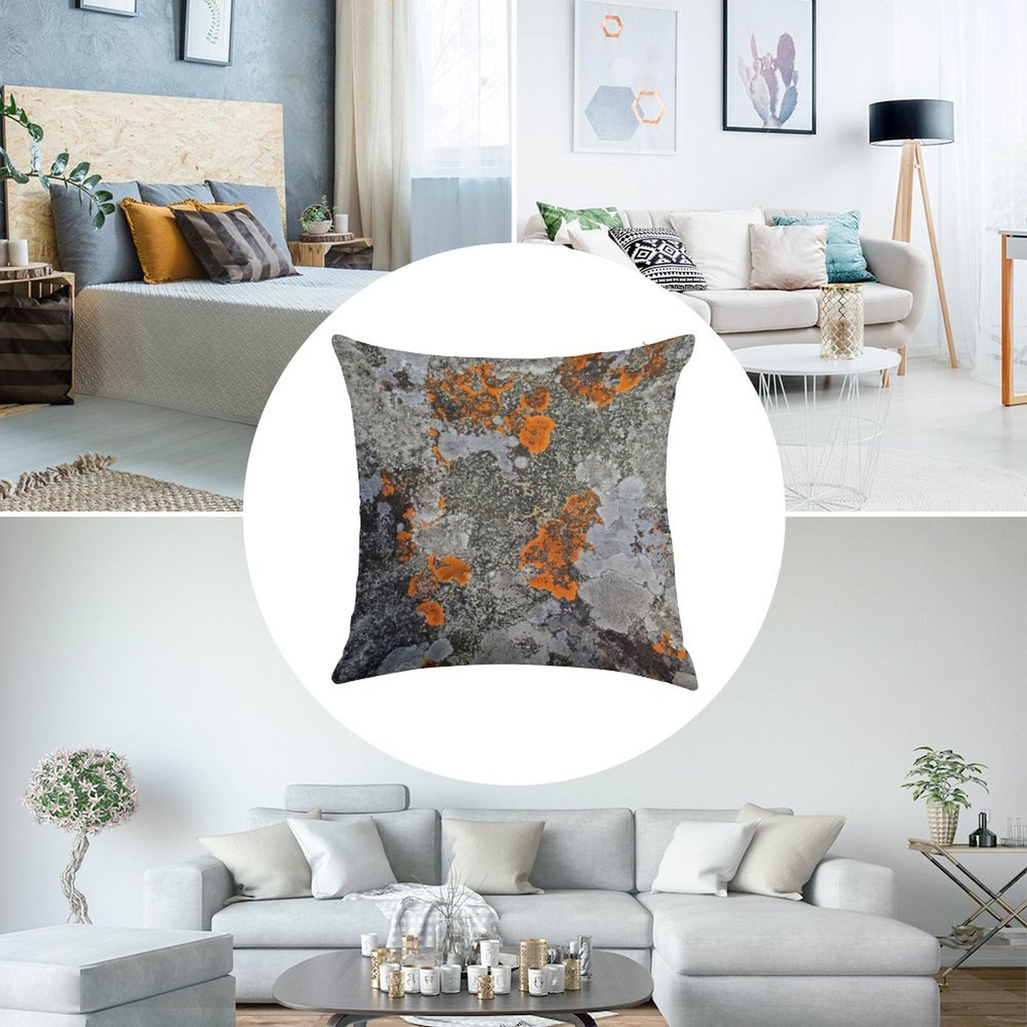Orange And Grey Lichen Linen Throw Pillow Cover