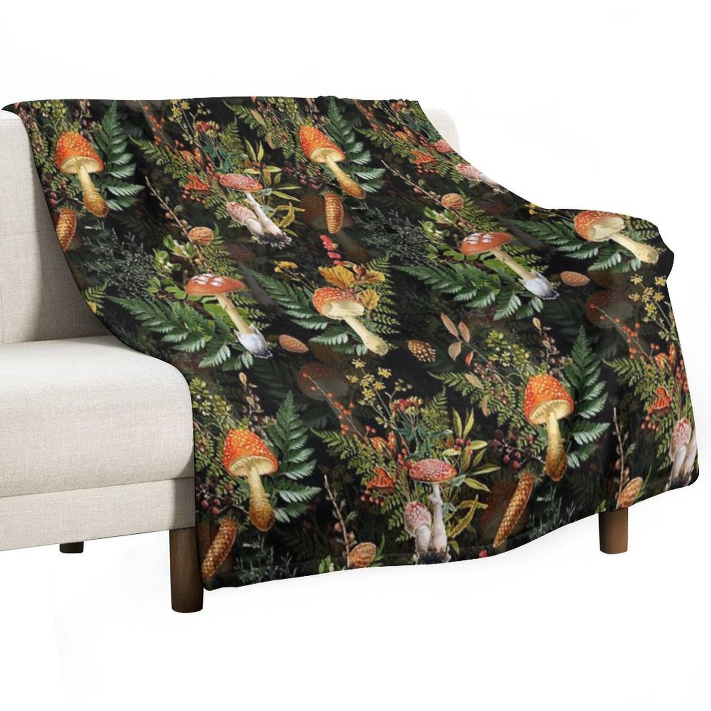 Vintage Midnight Toadstools in The Forest Botanical Night Garden on Black Nightgarden Throw Blanket
