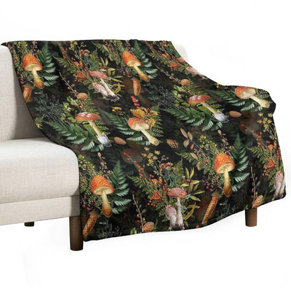 Vintage Midnight Toadstools in The Forest Botanical Night Garden on Black Nightgarden Throw Blanket