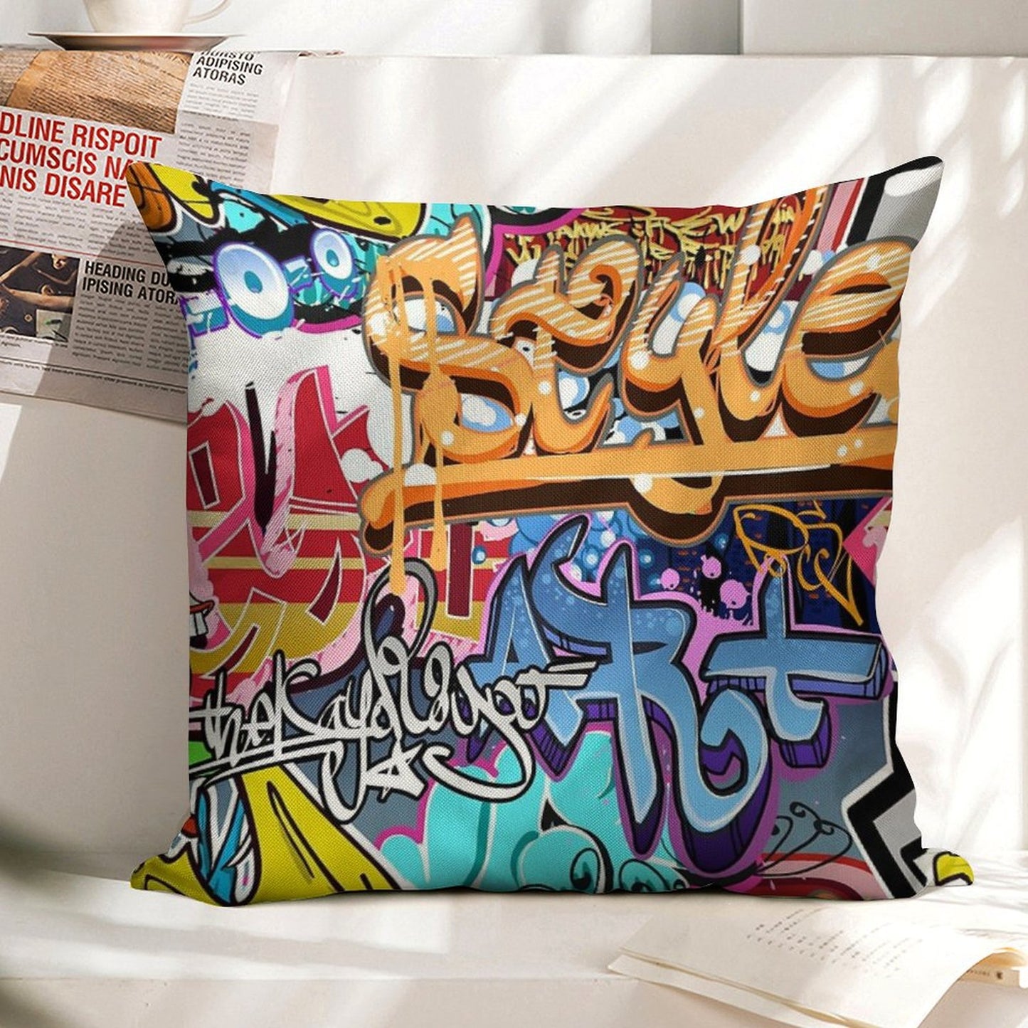 Graffiti Linen Throw Pillow Cover