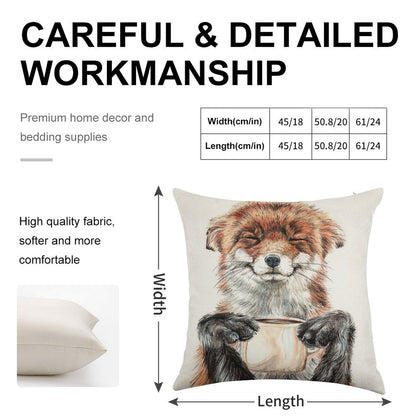 Morning Fox - Cute Coffee Animal Linen Throw Pillow Cover