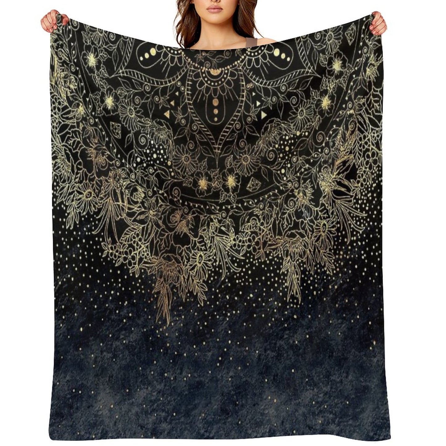 Blue Gold Mandala Floral Throw Blanket