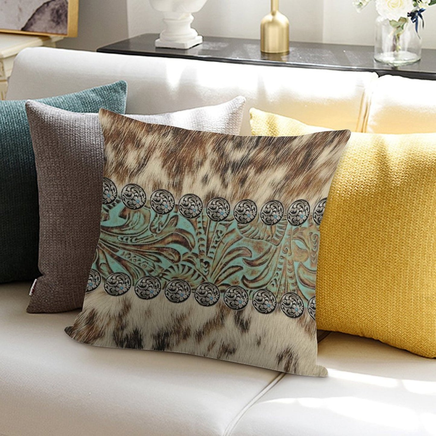 Rustic Brown Beige Teal Western Country Cowboy Fashion Soft Reinforced Edging Throw Pillow