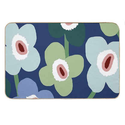 Iconic Retro Scandinavian Floral Pattern in Blue And Green Bath Mat