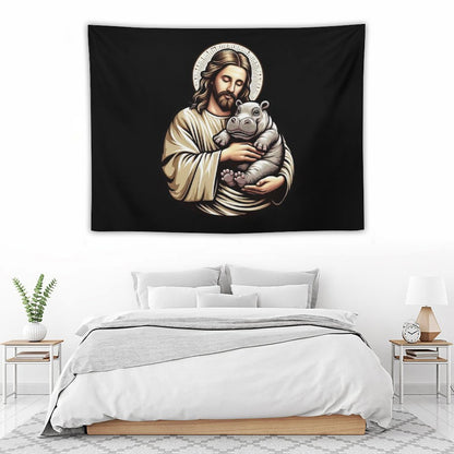 Jesus Loves Moo Deng Bouncy Pig Cute Baby Hippo Tapestry