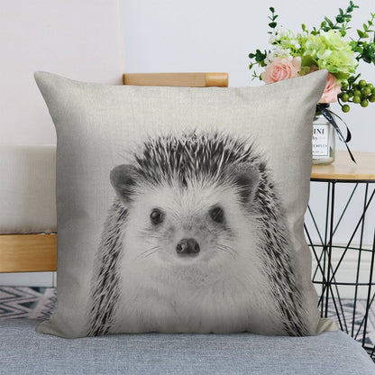 Hedgehog - Black & White Linen Throw Pillow Cover