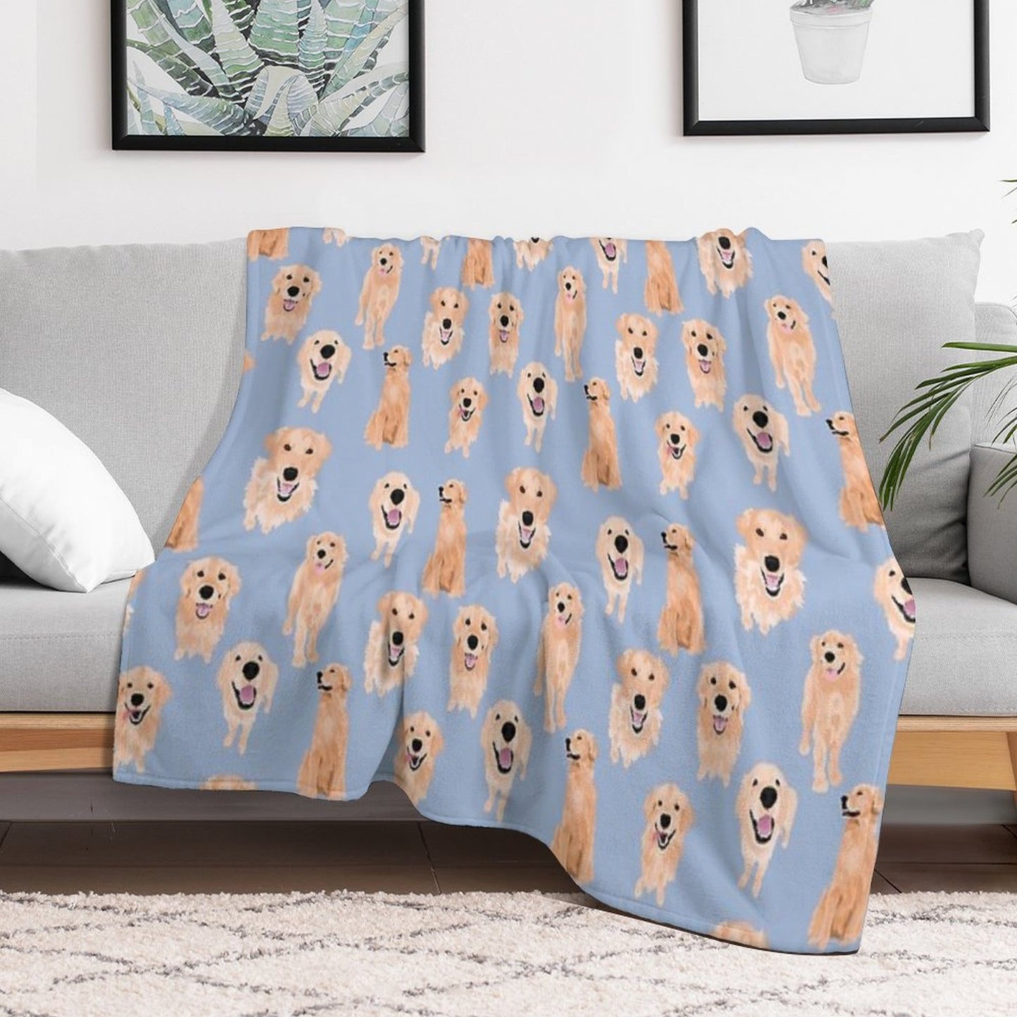 Golden Retrievers on Blue Throw Blanket