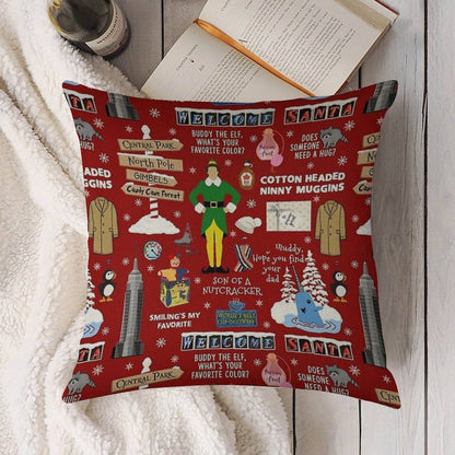Buddy The Elf Collage, Red Background Linen Throw Pillow Cover