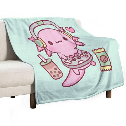 Cute Axolotl Loves Playing Video Games Funny Throw Blanket