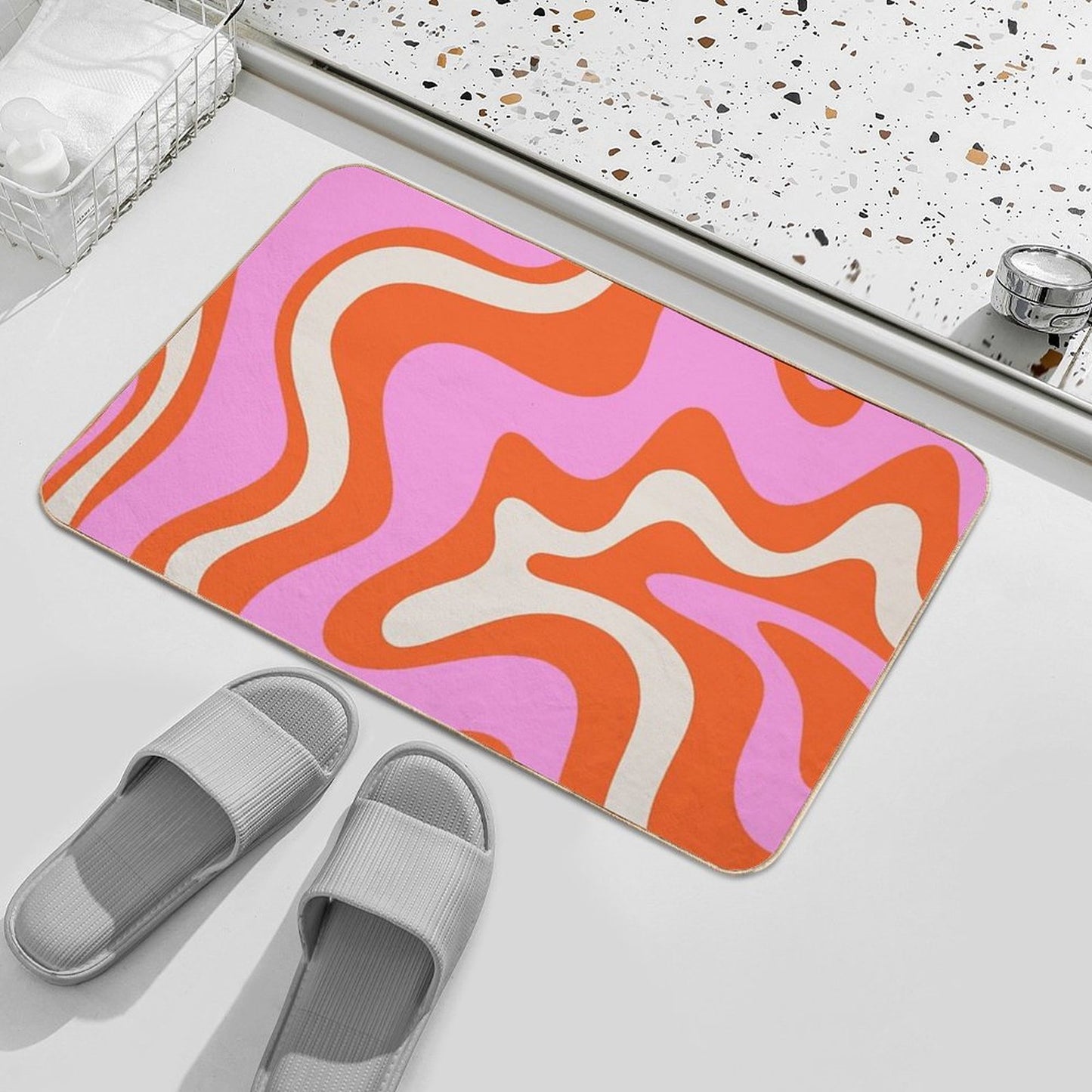 Retro Liquid Swirl Abstract Pattern Hot Pink Bright Orange Cream Bath Mat