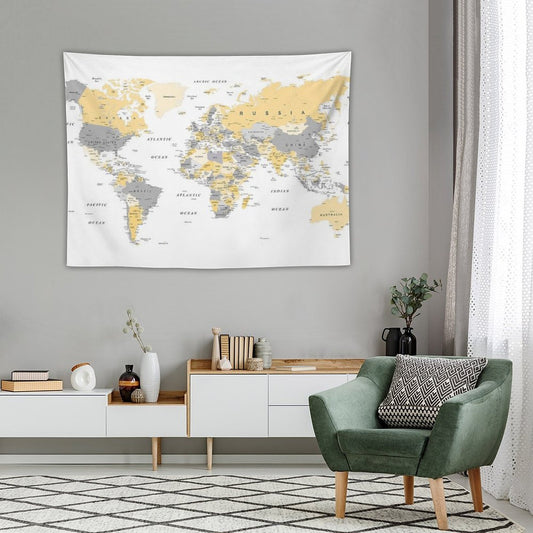 Map of The World Yellow And Grey Tapestry